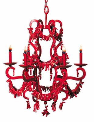 black painted chandelier decorated with red coral beads and candle like lights
