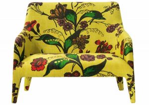 yellow designer chair with floral fabric print