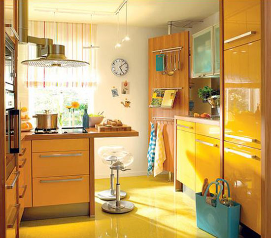 Yellow and Turquoise Color Combination for Small Kitchen Design