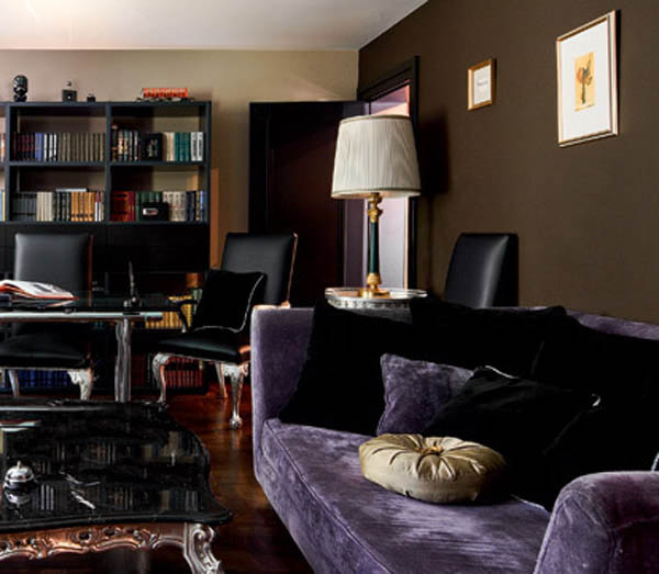 purple sofa upholstery fabric and dark brown wall paint