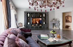 modern living room design with red murano glass chandelier