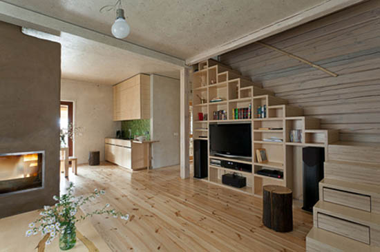 wooden floor, kitchen cabinets and living room shelves
