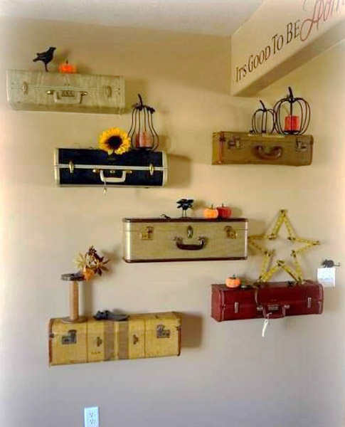 wall decoration with vintage suitcases