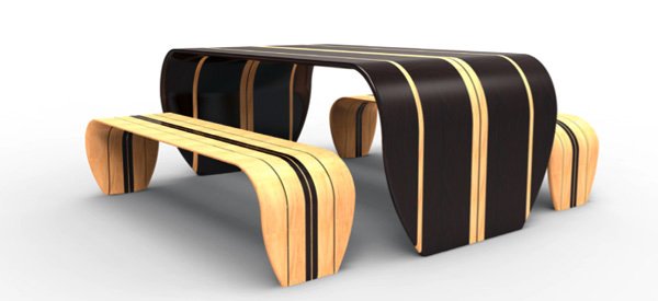 striped wood table and benches