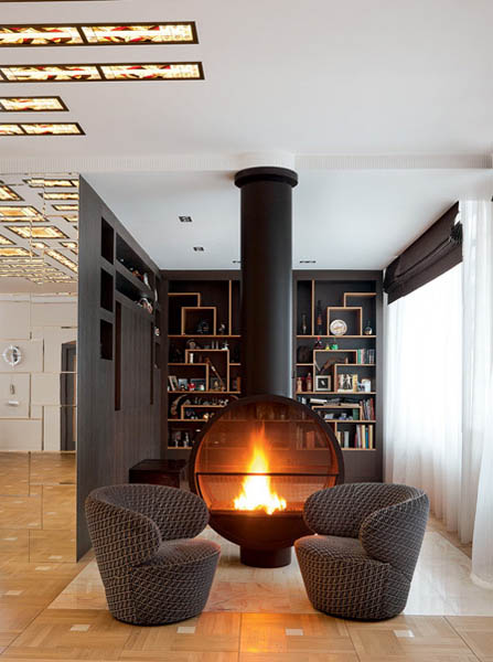 contemporary fireplace in center of living room