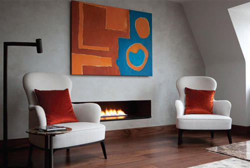 fireplace and two chairs