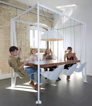 modern table design with hanging chairs