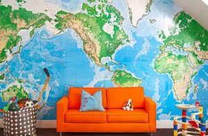 orange sofa upholstery fabric and blue map on wall