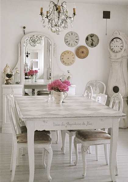 vintage furniture and decor for wall, shabby chic mirror and table with chairs