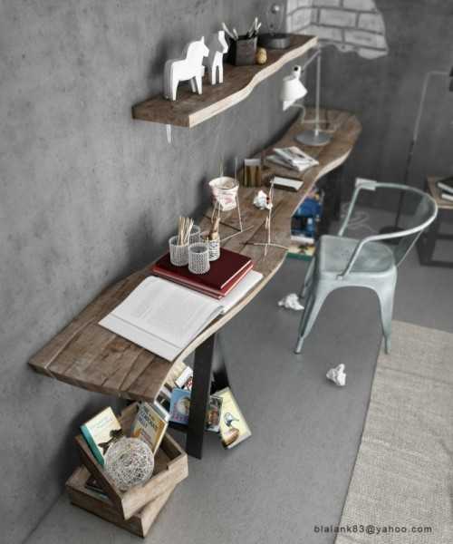 wood desk and shelf on concrete wall