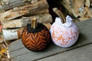 handmade halloween party decorations, mini pumpkins in lace bags