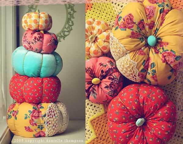 colorful pumpkin pillows made of bright fabrics