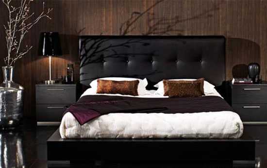 brown wall design and brown leather bed headboard