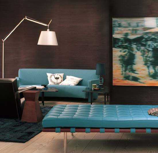 brown wall paint and turquoise furniture upholstery fabric