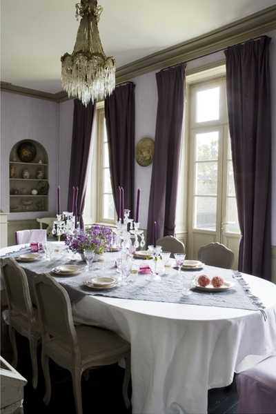 french decor for dining room in white and purple colors