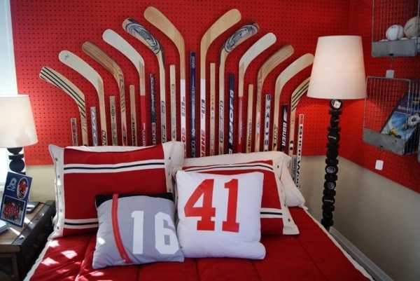 bed headboard design made with hockey sticks