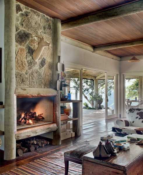 stone fireplace in living room