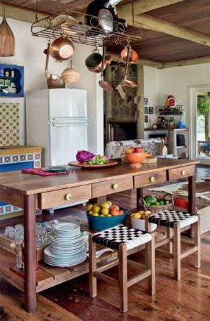 wooden kitchen island with stools