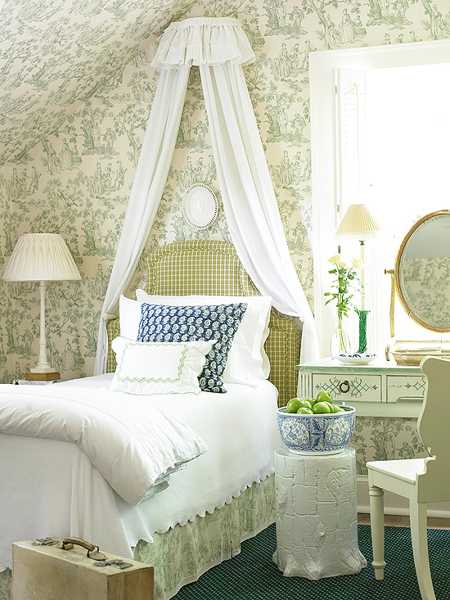 green wallpaper and white bedding for bedroom decor