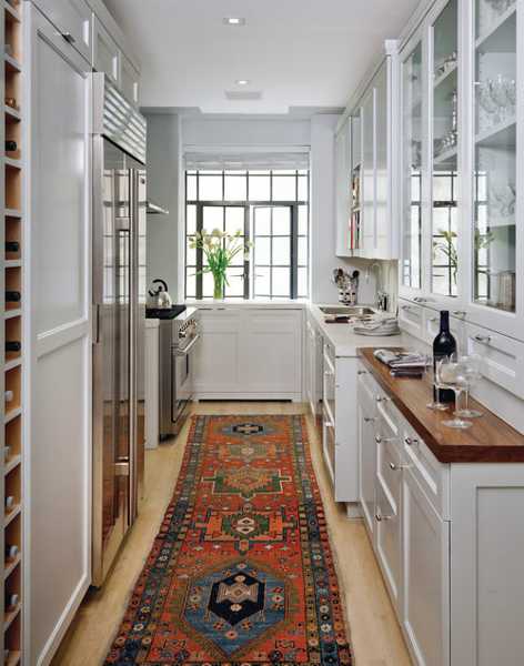 white kitchen cabinets and floor rug for decorating in vintage style