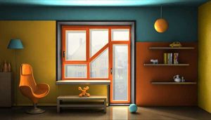 unusual window design, walls painted turquoise and orange colors