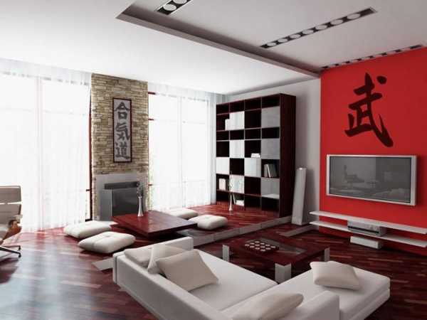 living room design with accent wall, oriental interior decorating with red color accent