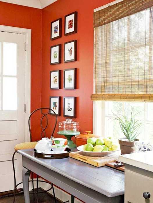 orange wall paint and bamboo roll up blinds