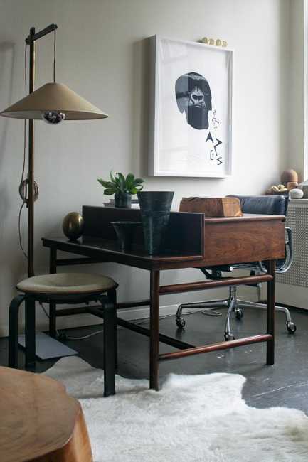 modern interior decorating with vintage furniture and decor accessories, antique desk stool and lighting