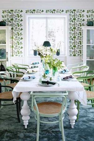 dining room decorating with turquoise floor carpet and white with green wallpaper