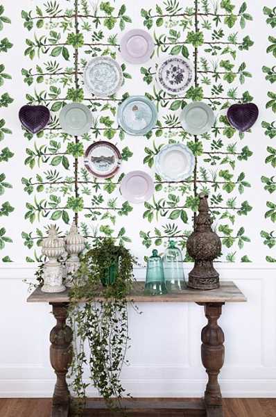 vintage furniture and decor accessories, white and green wallpaper with leaf patterns