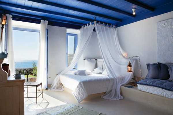 blue paint for ceiling, bed with canopy and white bedding set