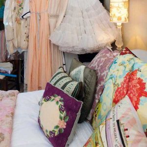 vintage decor accessories, pillows and vintage dresses