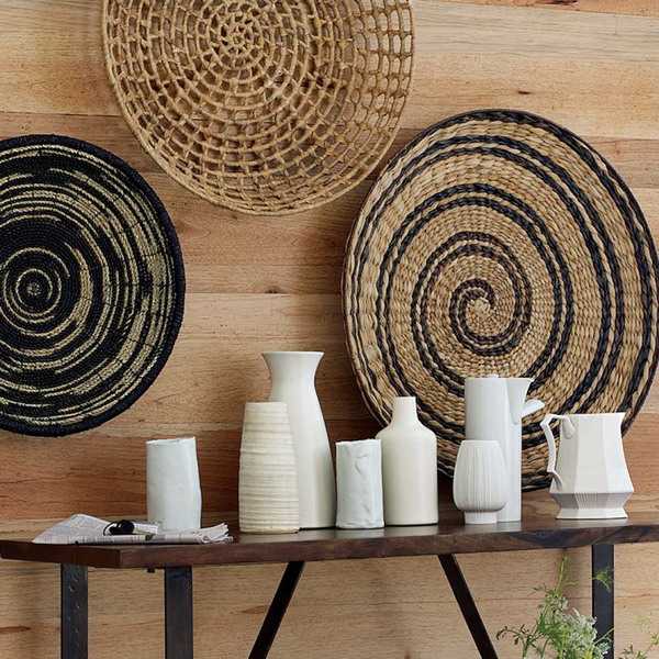 Modern Wall Decoration With Ethnic Wicker Plates, Bowls and Baskets