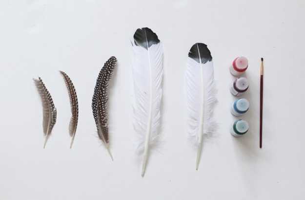 Bird feathers and acrylic paints