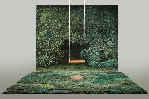 green floor rug and wall tapestry for interior decorating