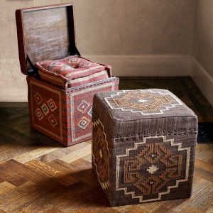 ottoman with storage, kilim upholstery fabric and decorative pillows