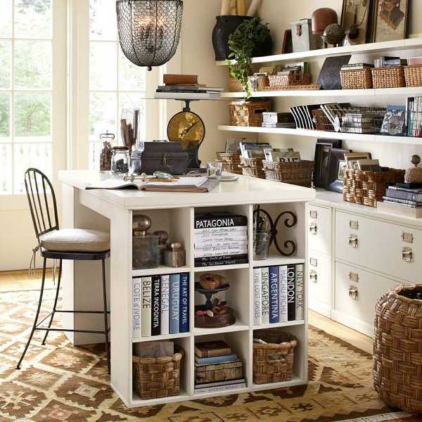 home office with wall shelves and desk with storage, kilim floor rug