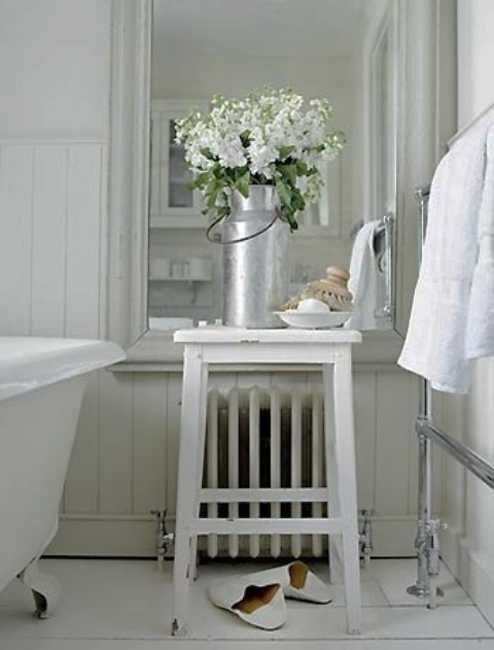 white bathroom decorating with flowers