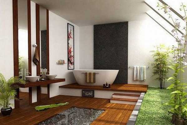 modern bathroom design with small garden and soaking bathtub