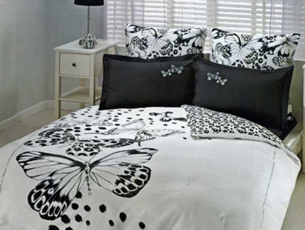 black and white bedding set with butterflies