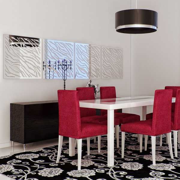 dining room decorating with red chairs and wall mirrors