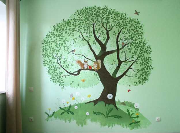 green wall painting with tree