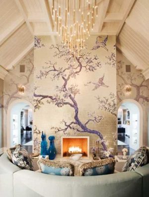 fireplace wall decorating with tree painting