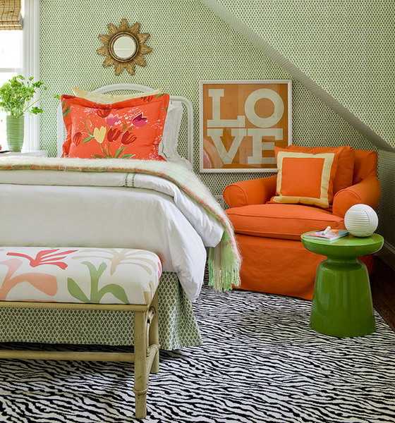 zebra floor rug, green and orange bedroom colors