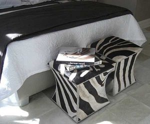 bedroom furniture, upholstered ottomans with zebra stripes
