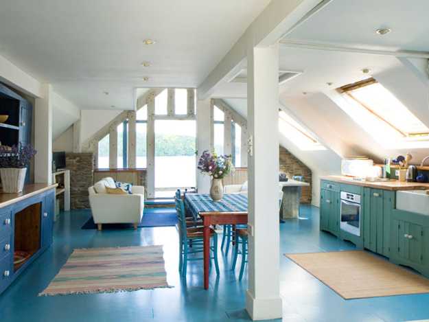 blue floor decoration and blue kitchen cabinets