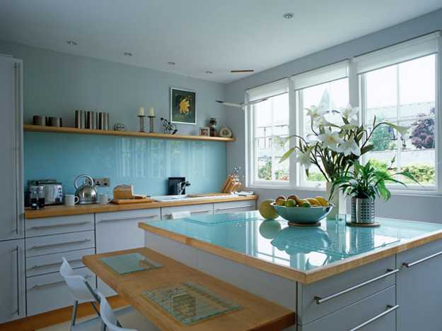 white and blue kitchen design with island