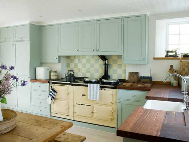 blue kitchen cabinets and wallpaper pattern