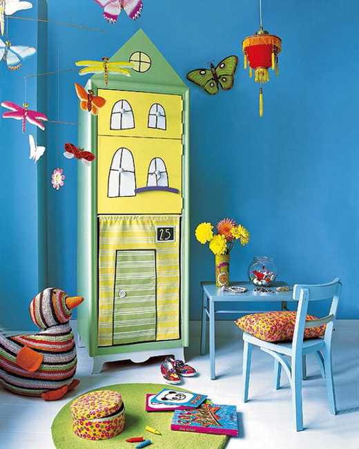 kids room decorating with blue wall paint and painted wood furniture