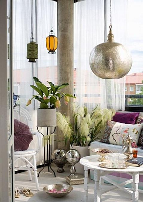 white shear curtain fabric, indoor plants and pendant lights